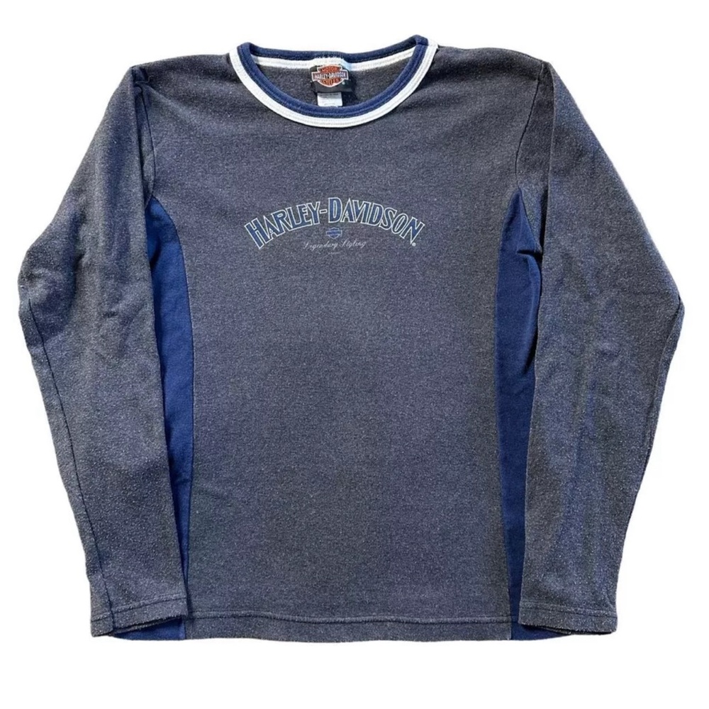 Vintage Harley Davidson Navy and Gray Long Sleeve Women’s Runs Small